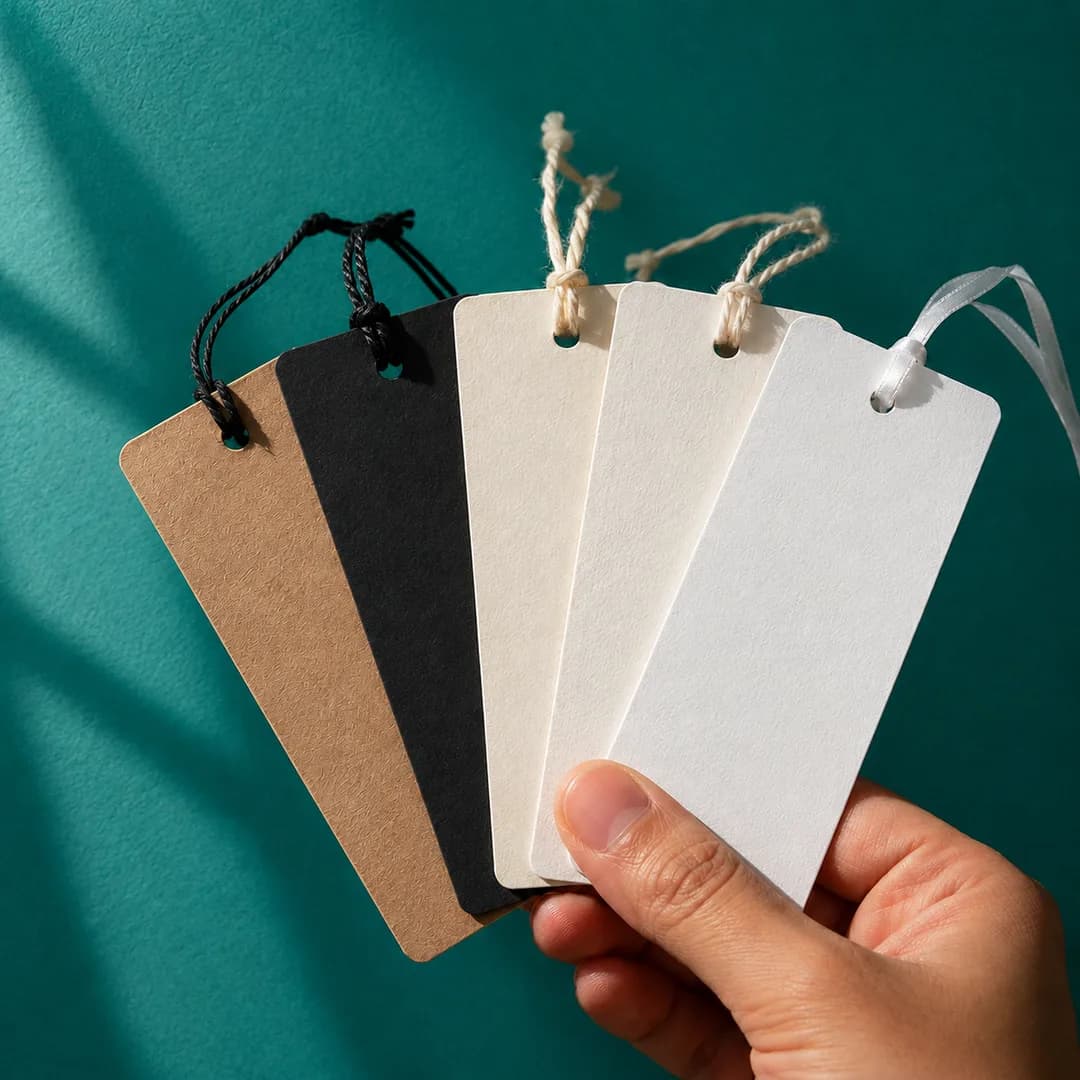 Five blank hang tags in kraft, black and cream card, strung with cord and ribbon