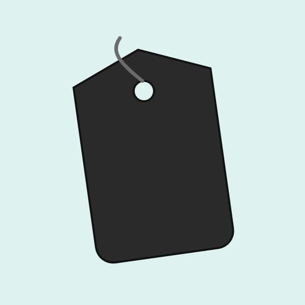 Solid black board hang tag with a metal eyelet and dark string